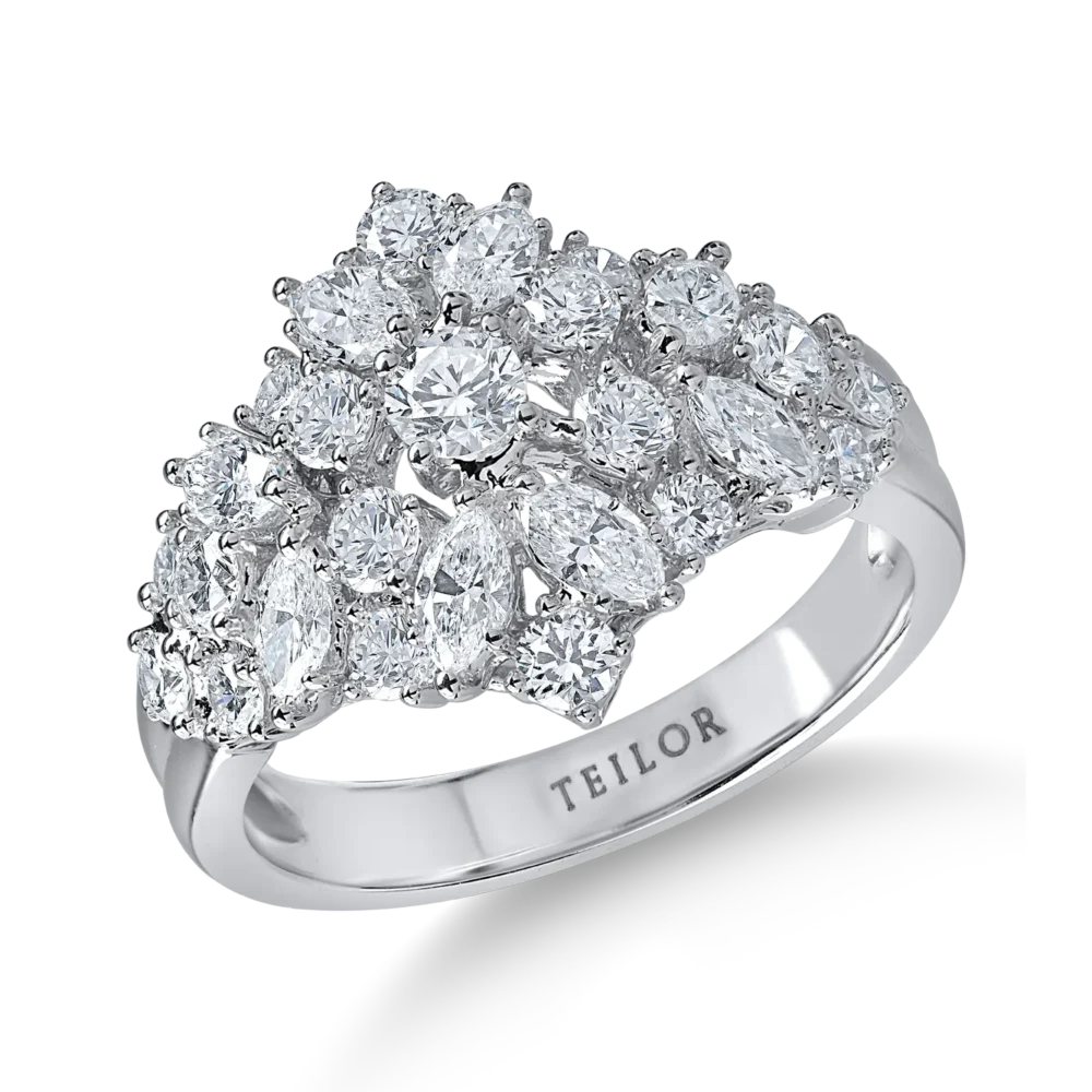 Inel geometric din aur alb cu diamante microsetting marquise si rotunde de 1.6ct