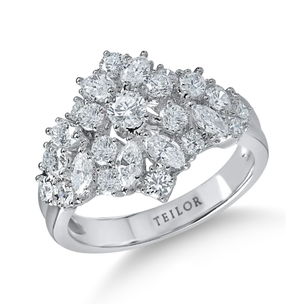 Inel geometric din aur alb cu diamante microsetting marquise si rotunde de 1.59ct