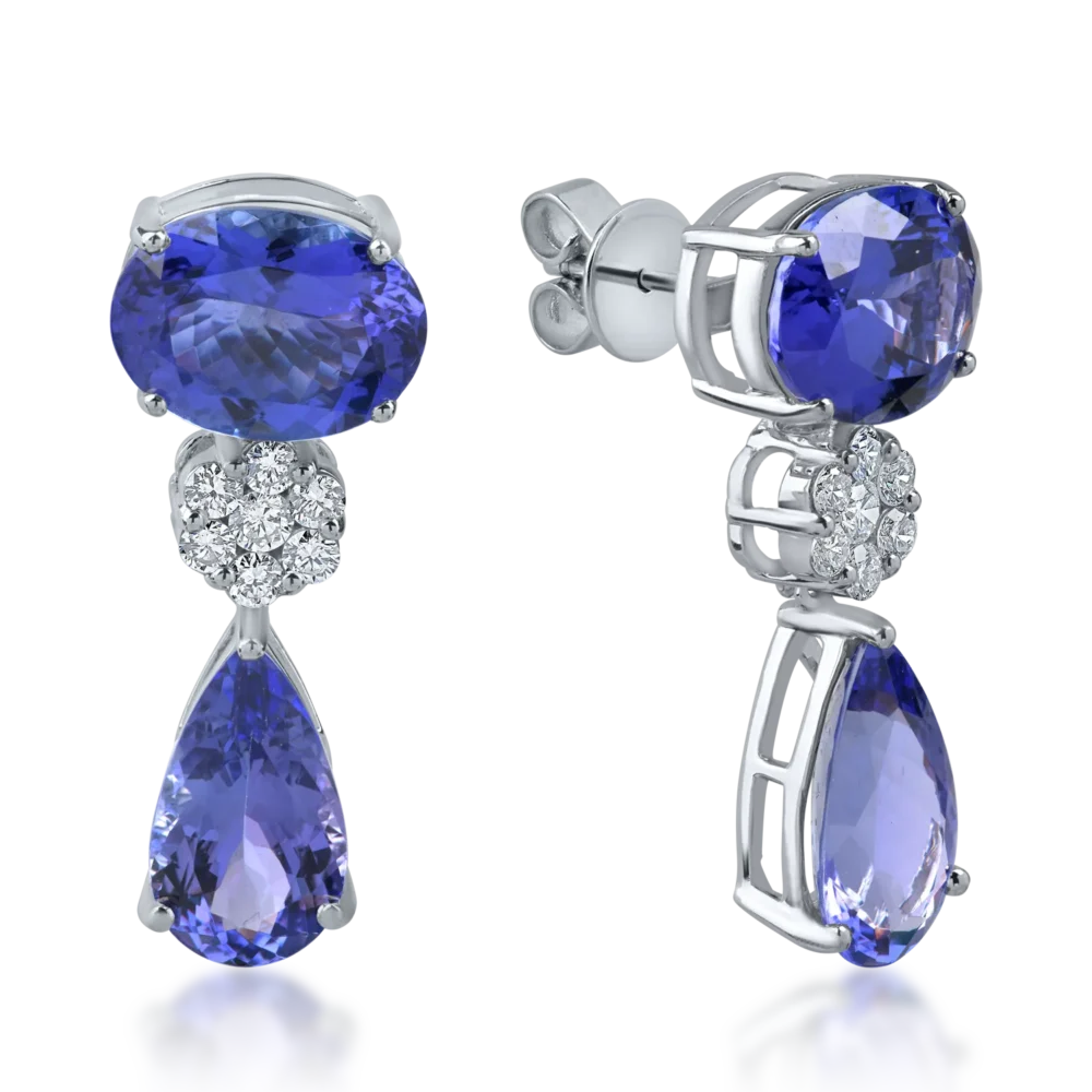 Cercei lungi din aur alb cu tanzanite de 16.5ct si diamante de 0.6ct