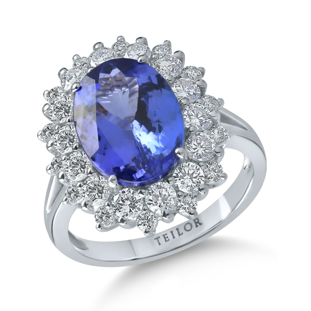 Inel din aur alb cu tanzanit oval de 4.6ct si diamante de 1.4ct