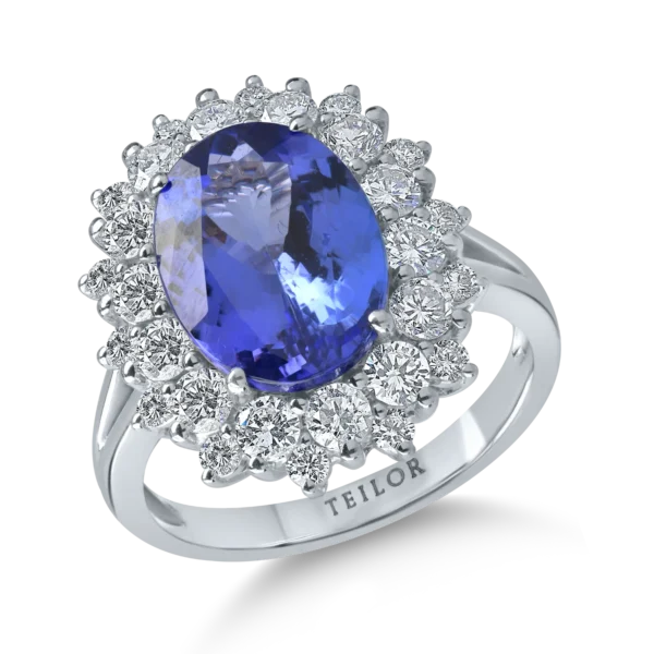 Inel din aur alb cu tanzanit oval de 4.6ct si diamante de 1.4ct