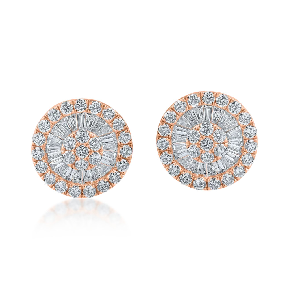 Cercei rotunzi din aur roz cu diamante baguette si rotunde de 0.9ct - imagine 2