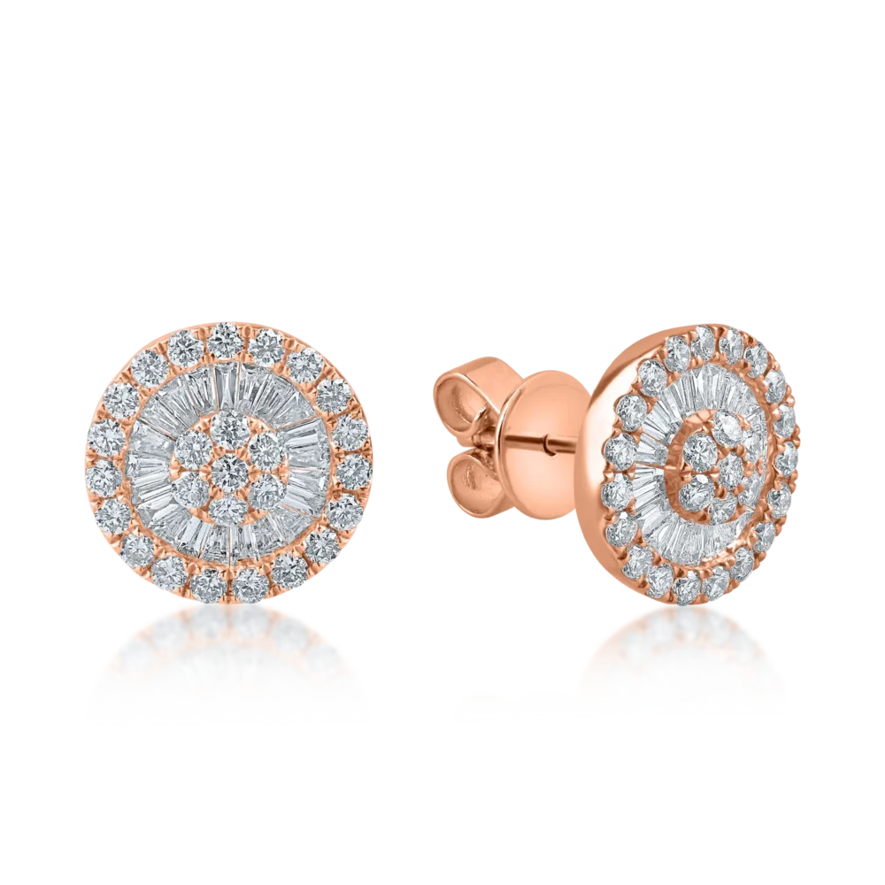 Cercei rotunzi din aur roz cu diamante baguette si rotunde de 0.9ct