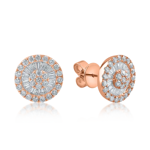 Cercei rotunzi din aur roz cu diamante baguette si rotunde de 0.9ct