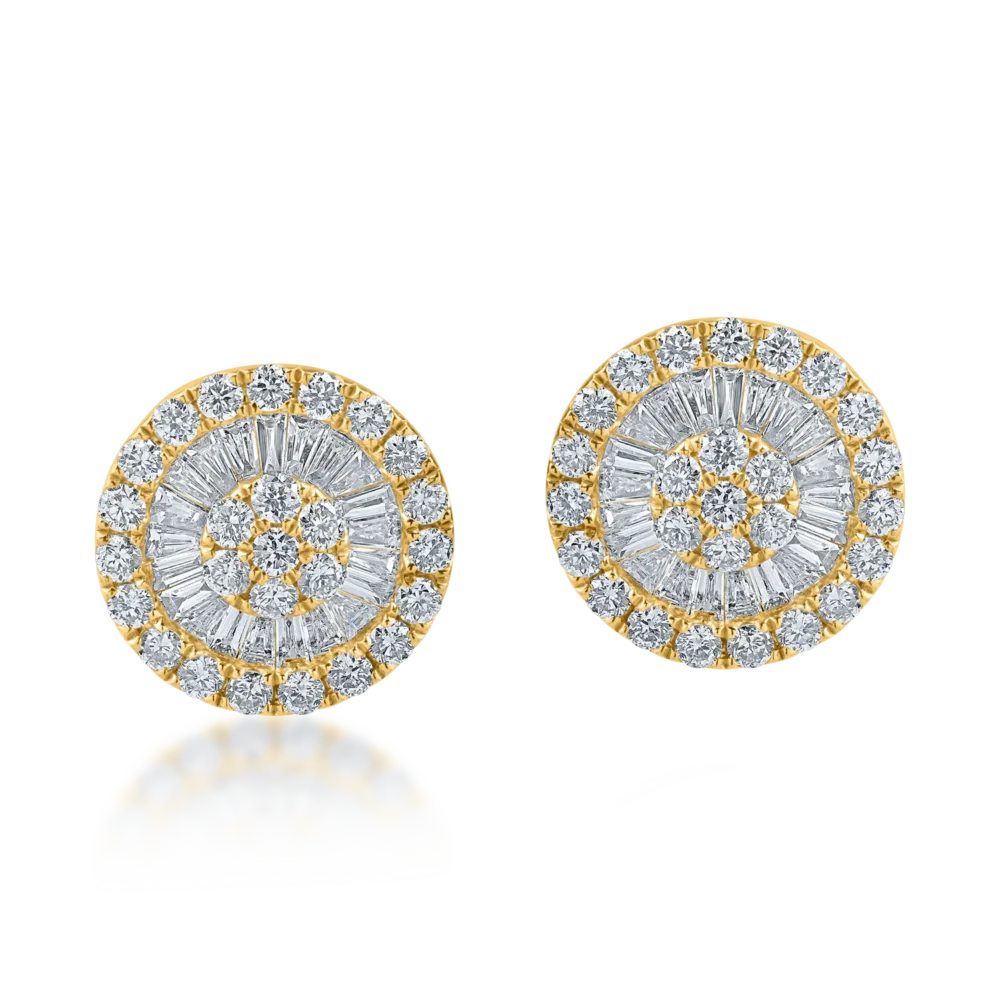 Cercei rotunzi din aur galben cu diamante baguette si rotunde de 1ct - imagine 2