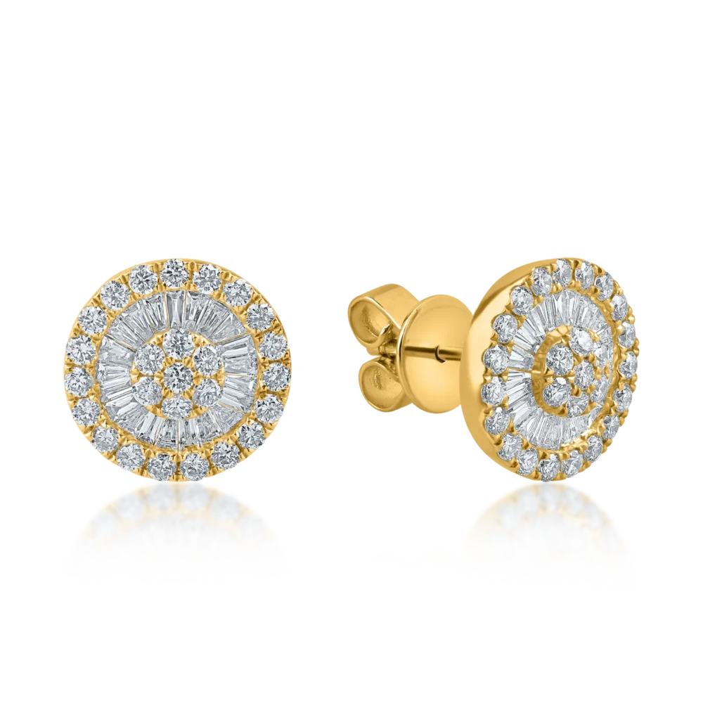 Cercei rotunzi din aur galben cu diamante baguette si rotunde de 1ct