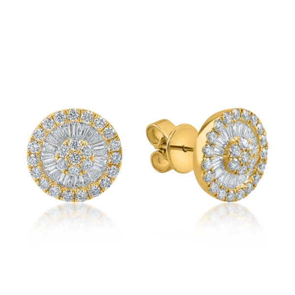 Cercei rotunzi din aur galben cu diamante baguette si rotunde de 1ct