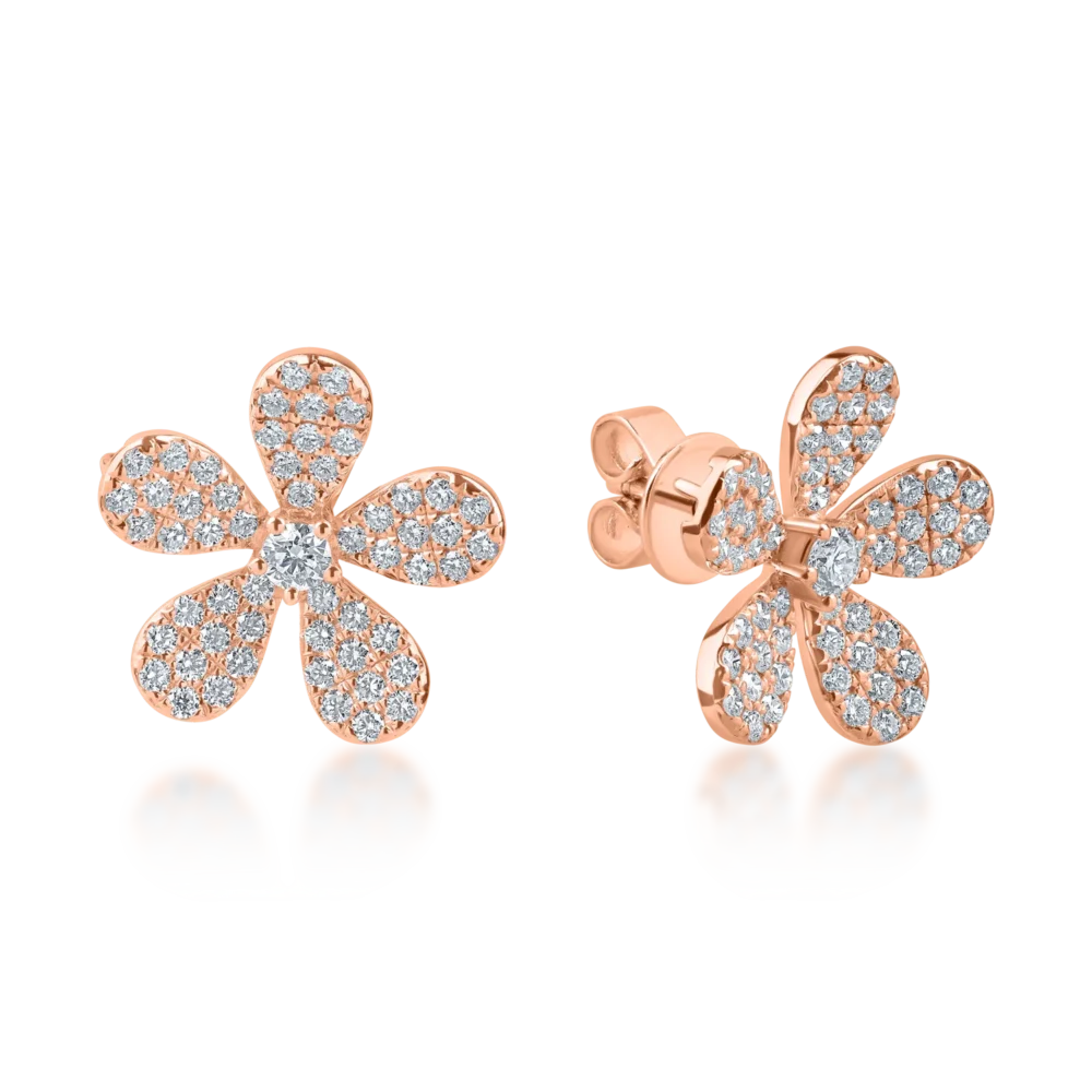 Cercei floare din aur roz cu diamante de 1.ct