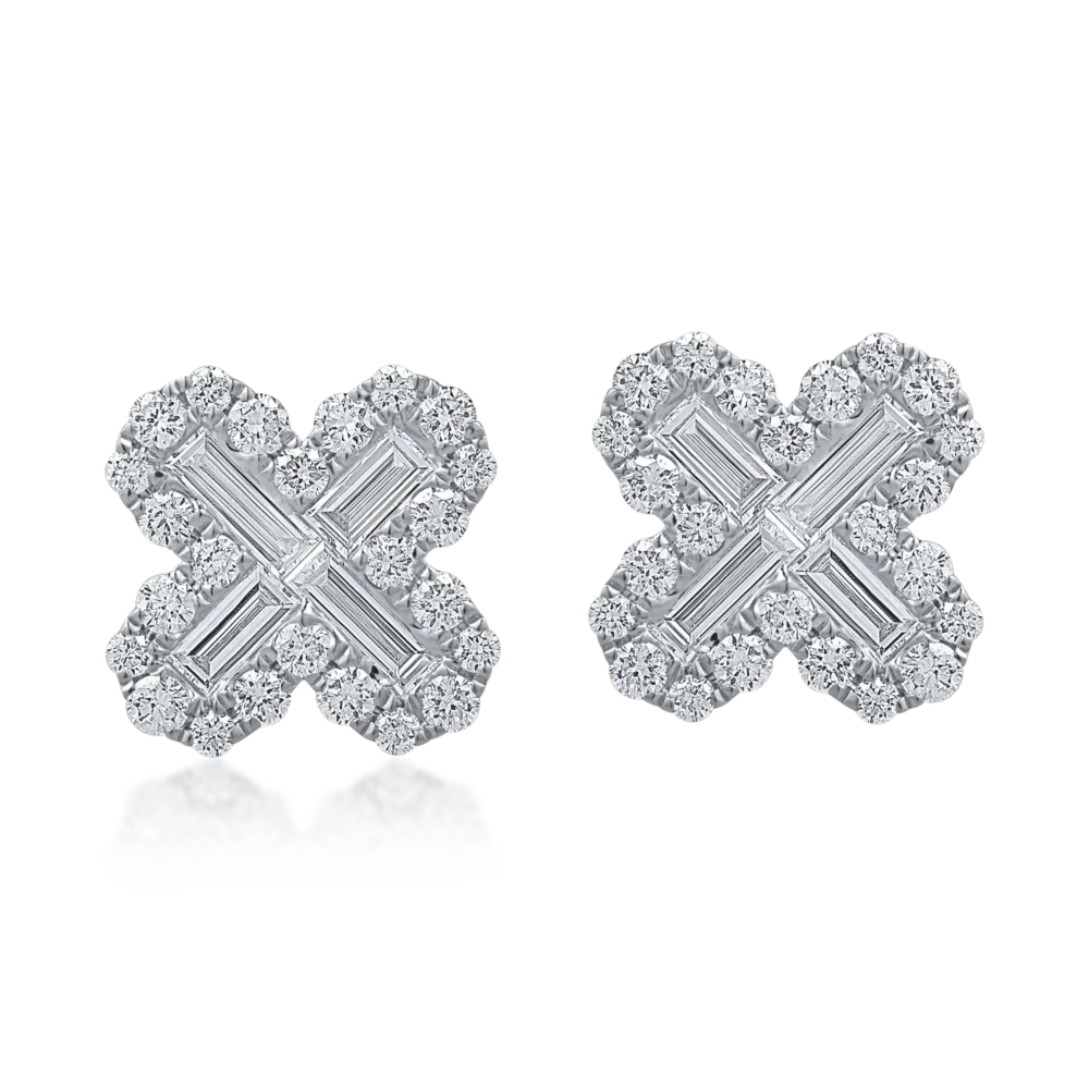 Cercei floare din aur alb cu diamante baguette si rotunde de 1.1ct - imagine 2