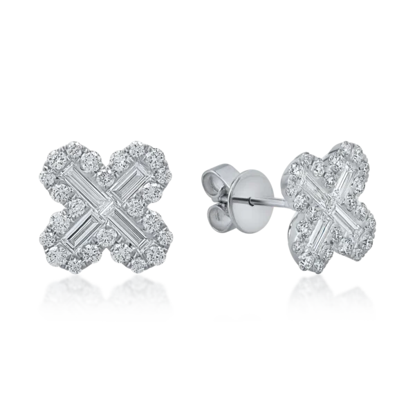 Cercei floare din aur alb cu diamante baguette si rotunde de 1.1ct