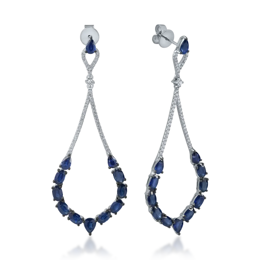 Cercei candelabru din aur alb cu safire pear si ovale de 7ct si diamante de 0.5ct