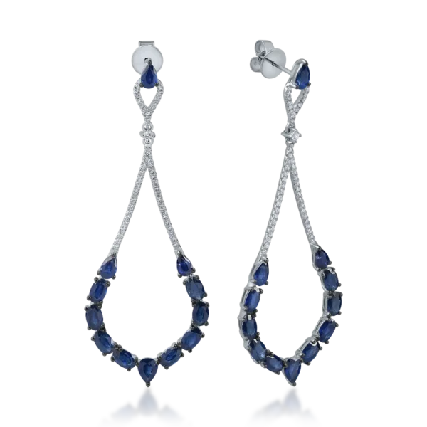 Cercei candelabru din aur alb cu safire pear si ovale de 7ct si diamante de 0.5ct