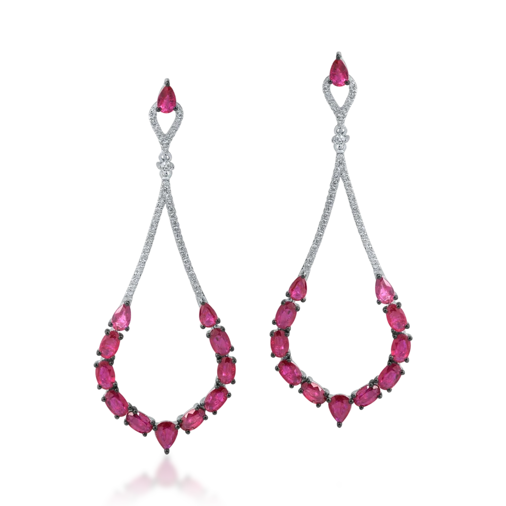 Cercei candelabru din aur alb cu rubine pear si ovale de 6ct si diamante de 0.5ct - imagine 2