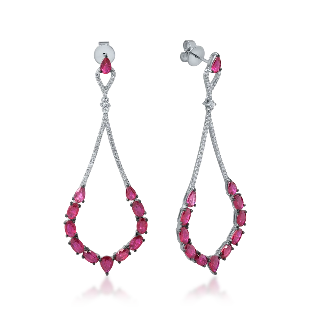 Cercei candelabru din aur alb cu rubine pear si ovale de 6ct si diamante de 0.5ct