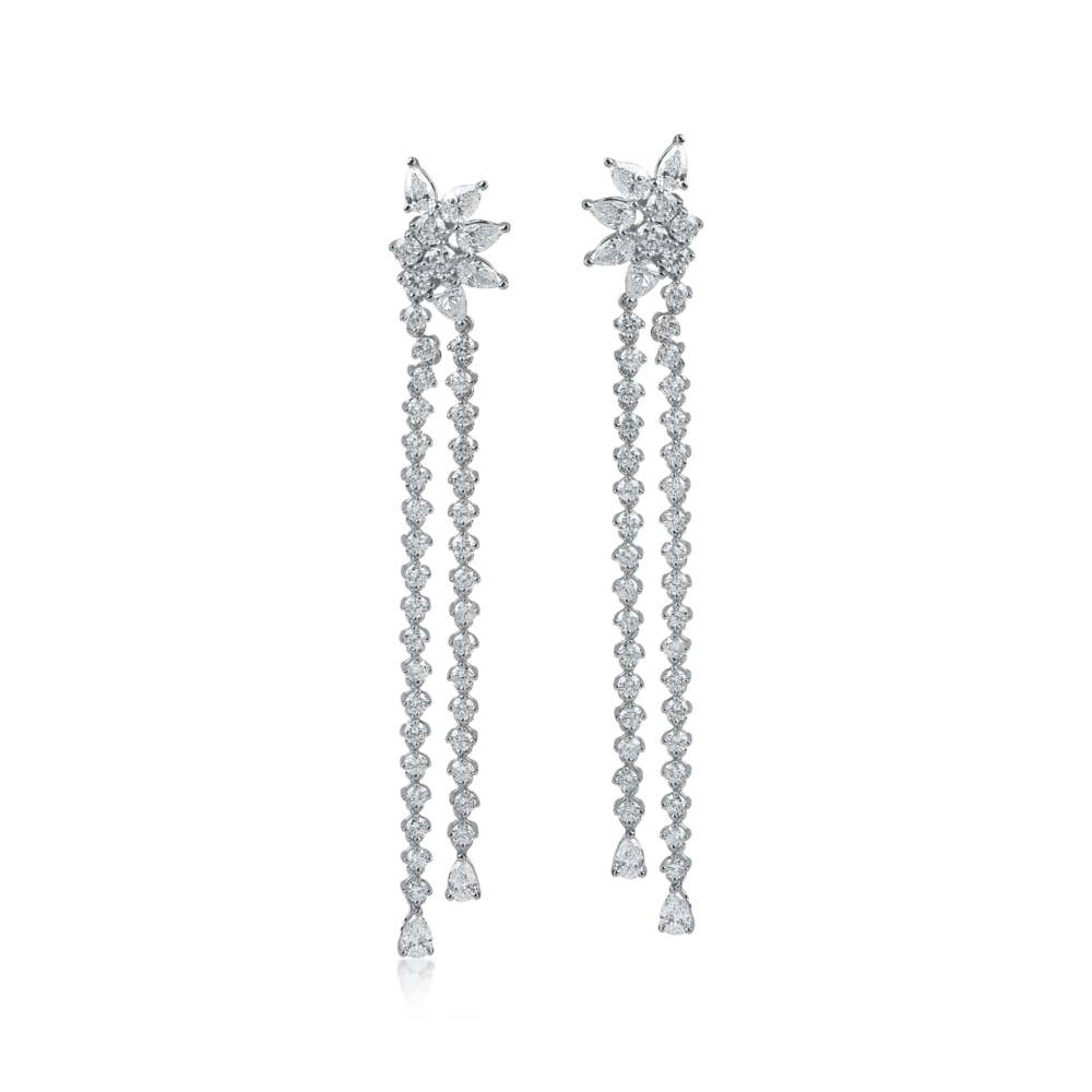 Cercei lungi floare din aur alb cu diamante pear si round de 3.4ct - imagine 2