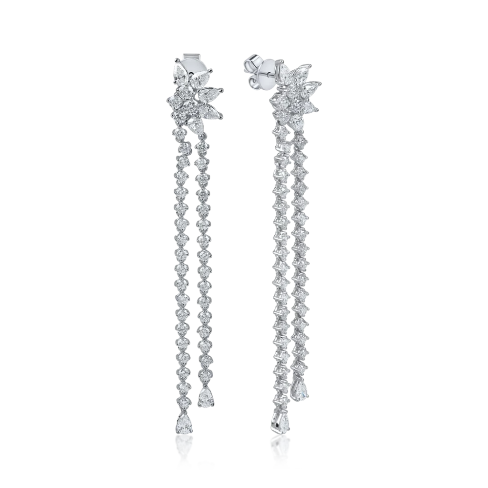 Cercei lungi floare din aur alb cu diamante pear si round de 3.4ct
