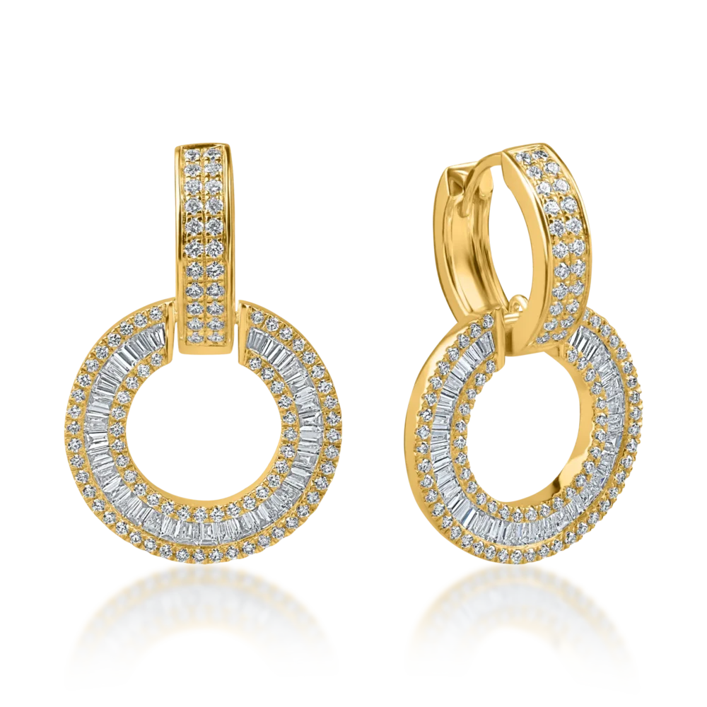 Cercei rotunzi din aur galben cu diamante baguette si rotunde de 1.2ct