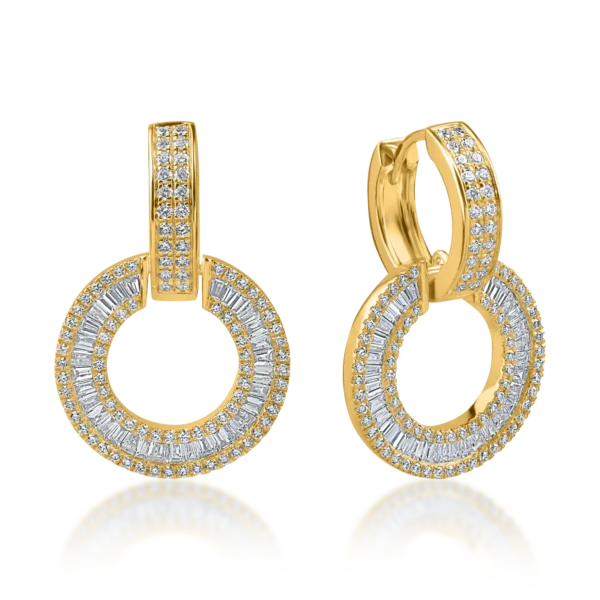 Cercei rotunzi din aur galben cu diamante baguette si rotunde de 1.2ct