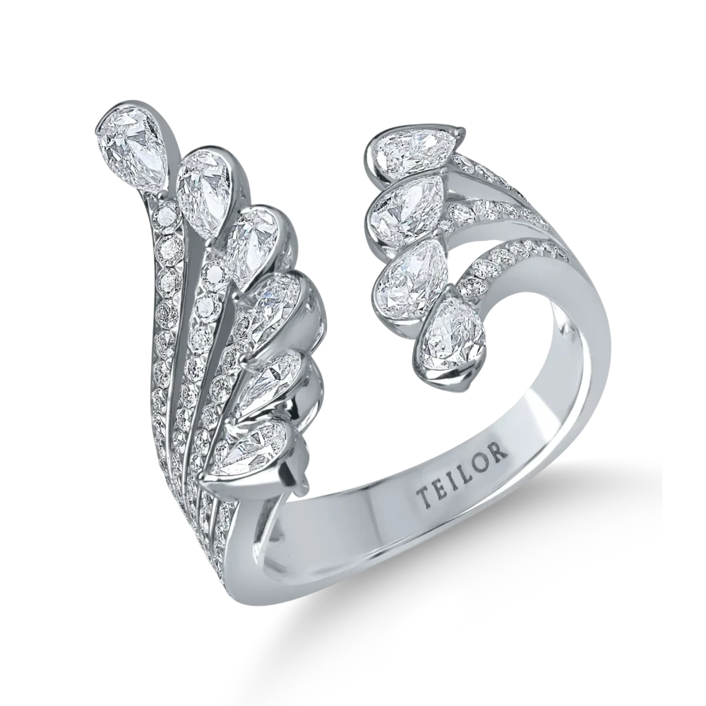 Inel deschis din aur alb cu diamante pear si rotunde de 1.7ct