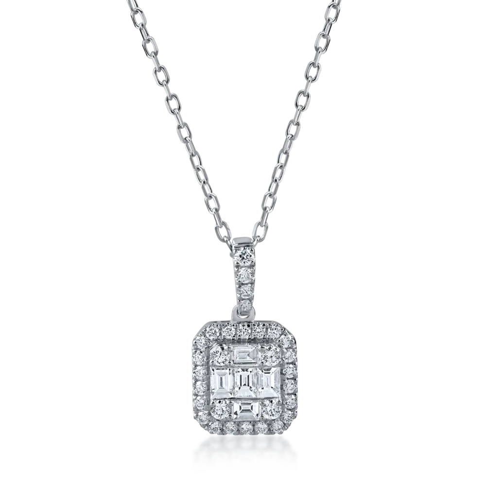 Lant cu pandantiv geometric din aur alb cu diamante baguette si rotunde de 0.4ct