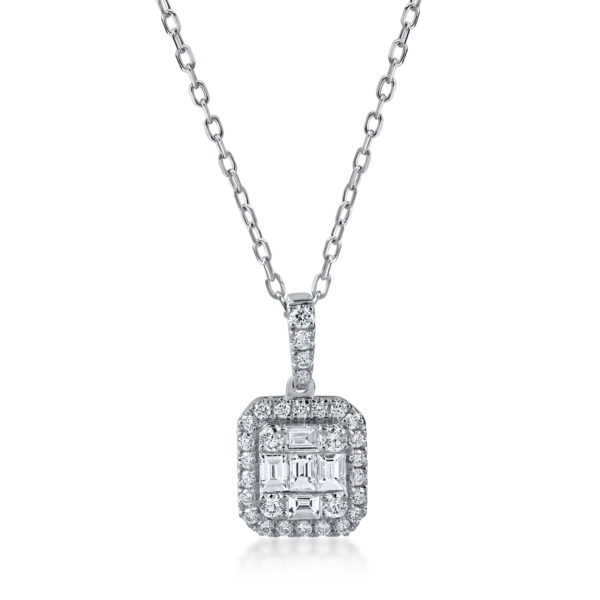 Lant cu pandantiv geometric din aur alb cu diamante baguette si rotunde de 0.4ct