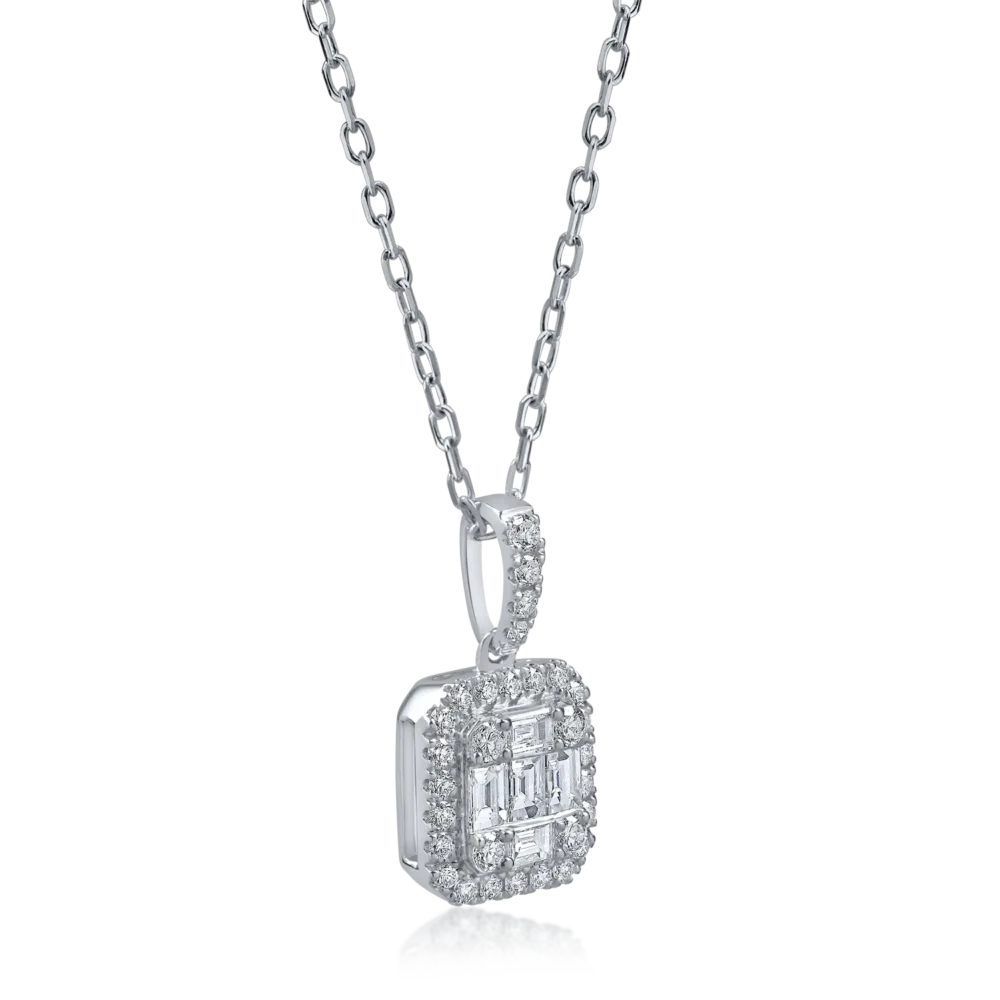 Lant cu pandantiv geometric din aur alb cu diamante baguette si rotunde de 0.4ct - imagine 2