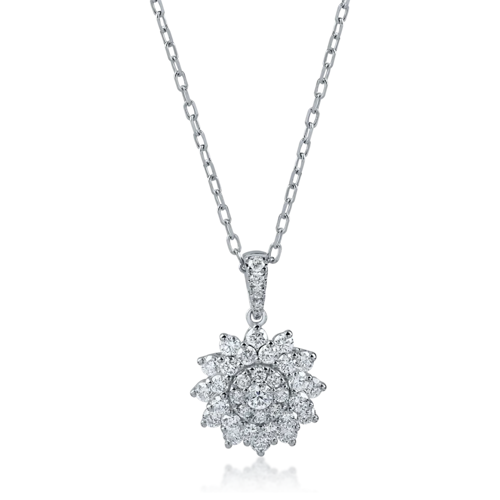 Lant cu pandantiv floare din aur alb cu diamante de 0.6ct