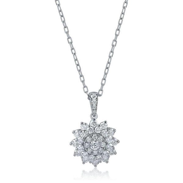 Lant cu pandantiv floare din aur alb cu diamante de 0.6ct