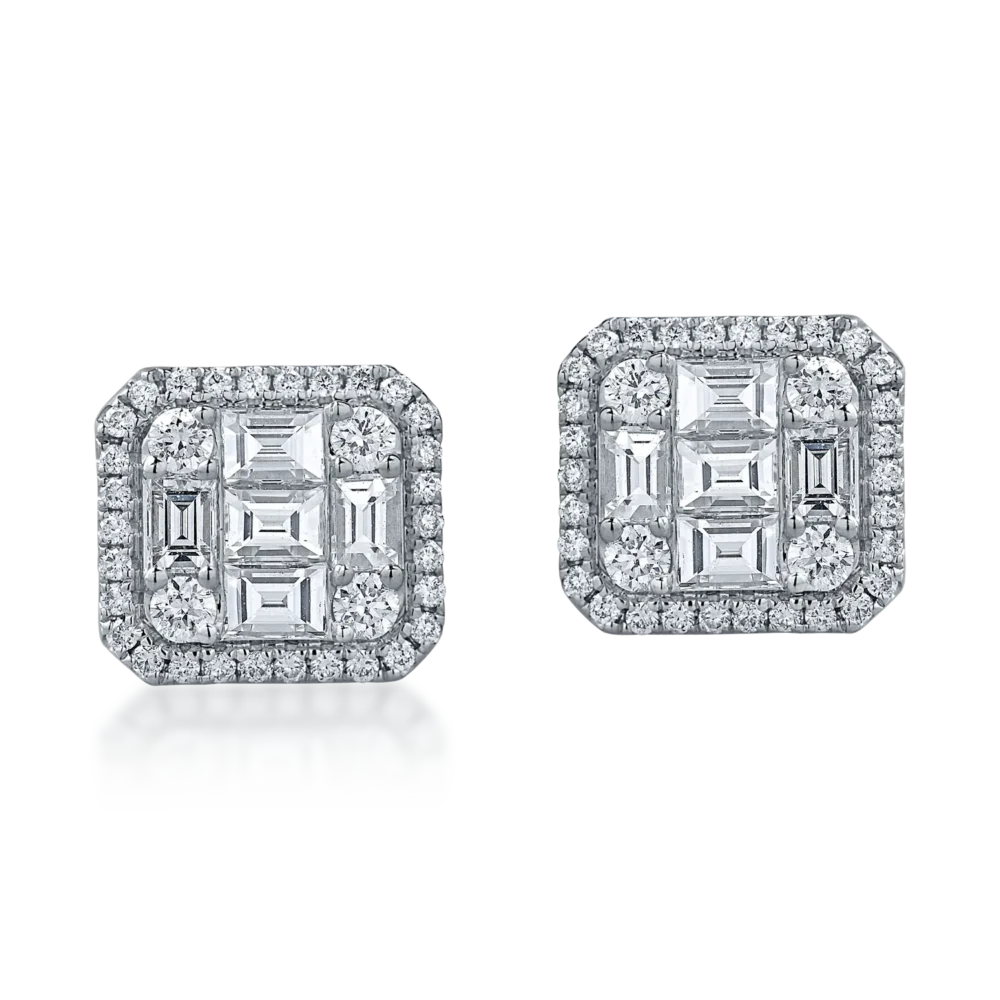 Cercei patrati din aur alb cu diamante baguette si rotunde de 0.7ct - imagine 2