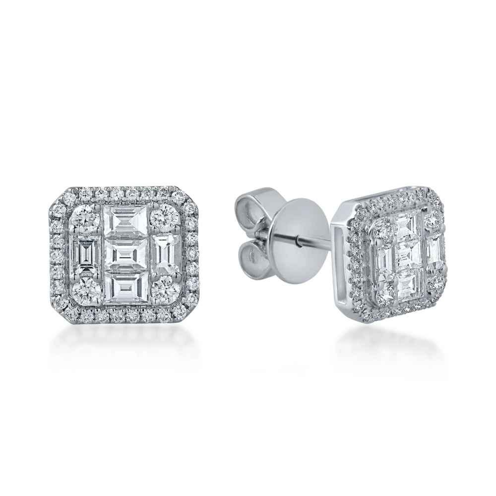 Cercei patrati din aur alb cu diamante baguette si rotunde de 0.7ct