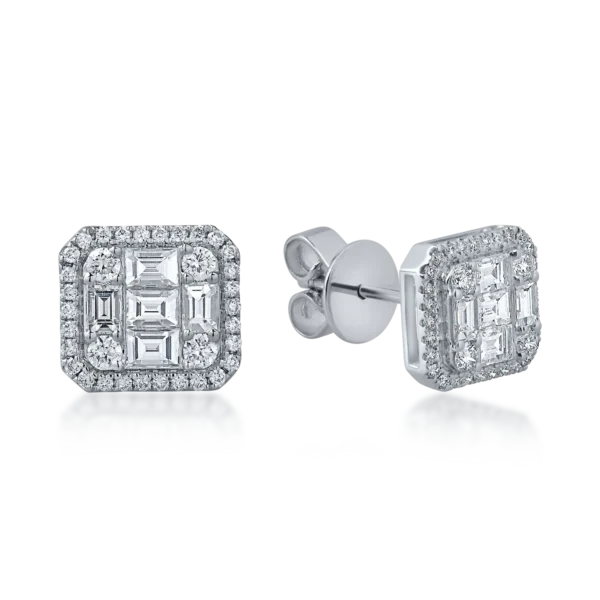 Cercei patrati din aur alb cu diamante baguette si rotunde de 0.7ct