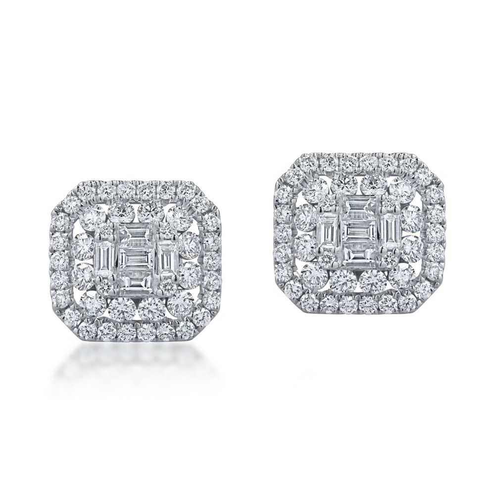 Cercei geometrici din aur alb cu diamante baguette si rotunde de 1.2ct - imagine 2