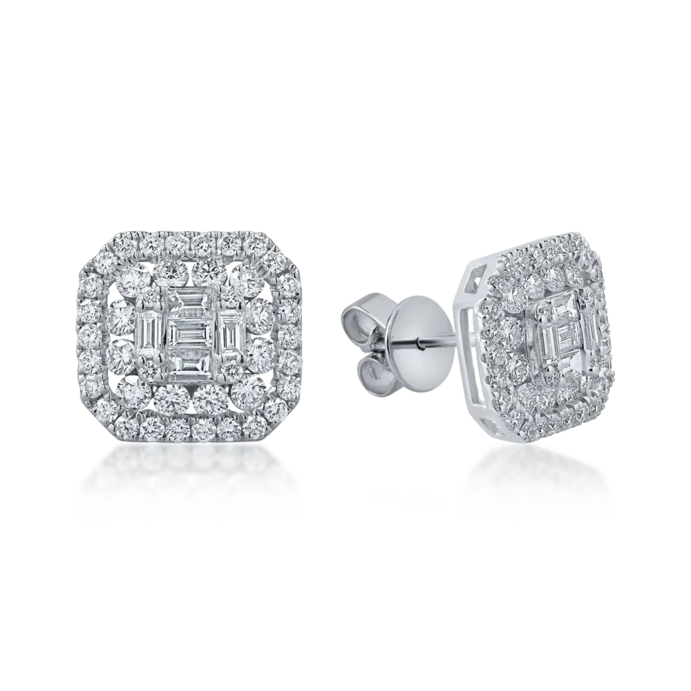 Cercei geometrici din aur alb cu diamante baguette si rotunde de 1.2ct