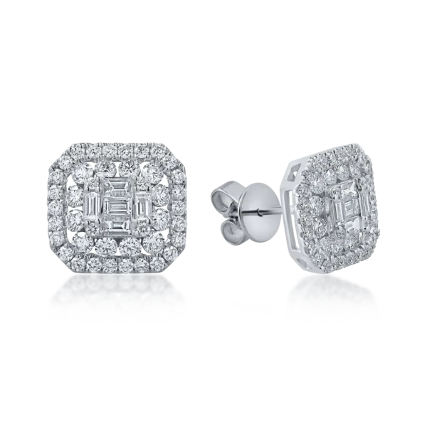 Cercei geometrici din aur alb cu diamante baguette si rotunde de 1.2ct