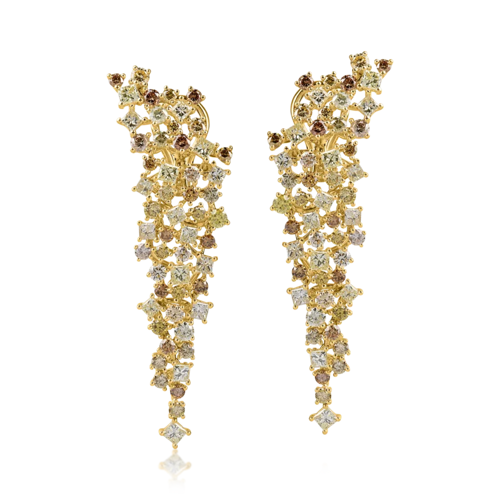 Cercei lungi din aur galben cu diamante multicolore princess si round de 6.2ct - imagine 2