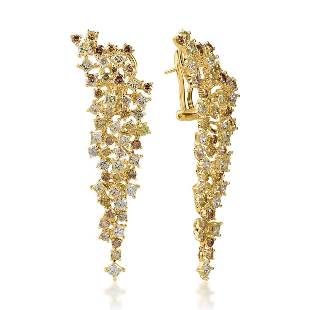 Cercei lungi din aur galben cu diamante multicolore princess si round de 6.2ct