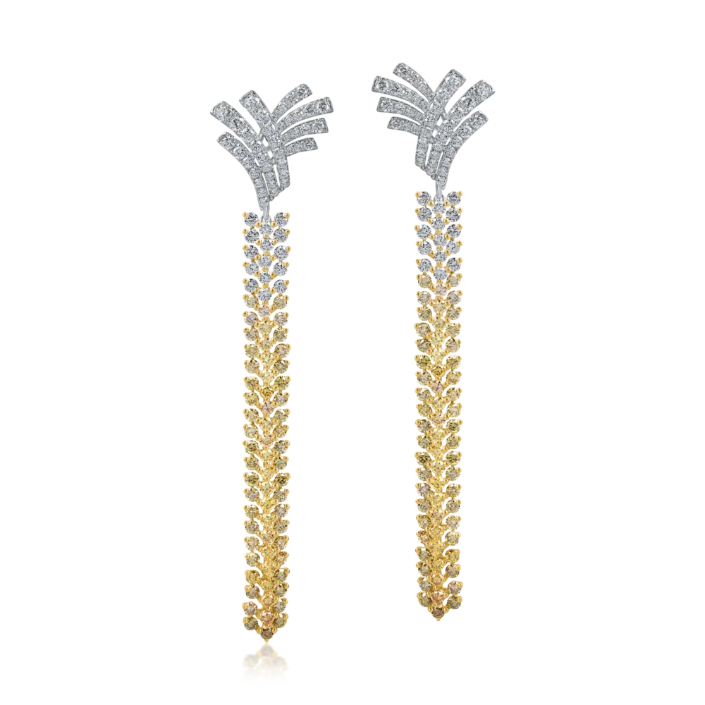 Cercei lungi din aur alb-galben cu diamante coniac si incolore de 5.3ct - imagine 2