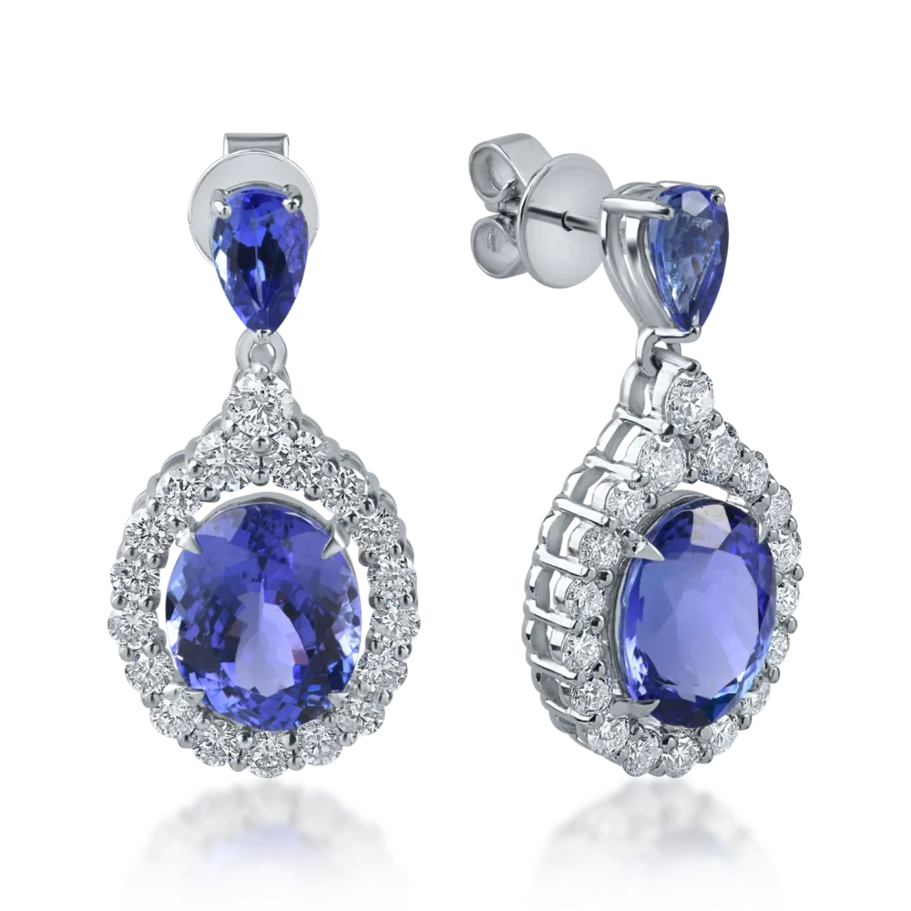 Cercei lungi din aur alb cu tanzanite pear de 6.4ct si diamante round de 1.4ct