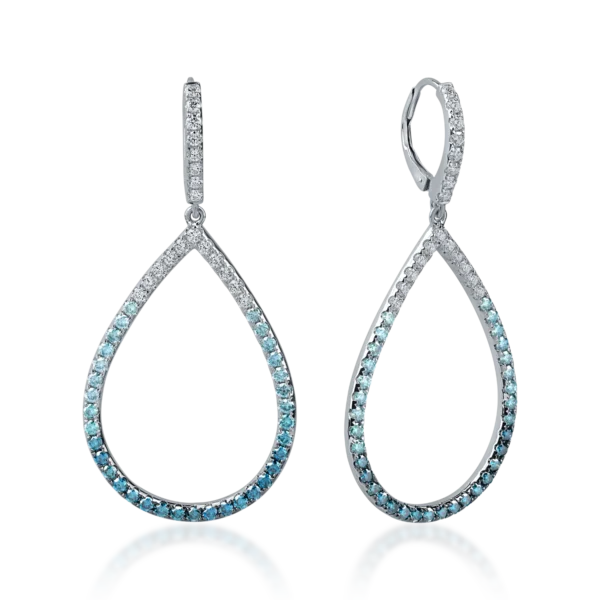 Cercei lungi geometrici din aur alb cu diamante albastre si incolore 2.1ct