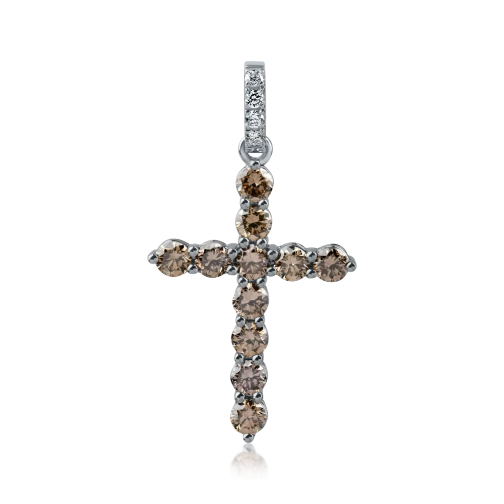 Pandantiv cruce din aur alb-negru cu diamante maro si diamante incolore de 1.2ct