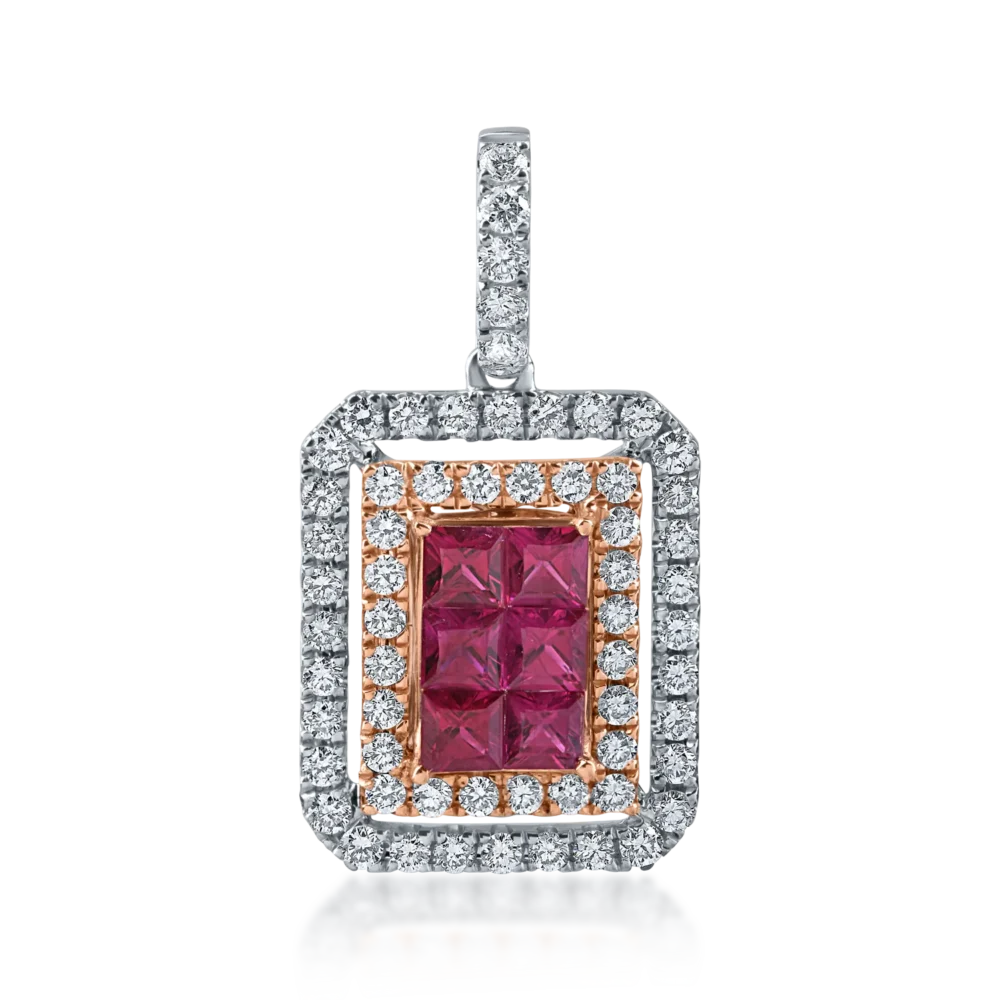 Pandantiv geometric din aur alb-roz cu rubine princess de 0.5ct si diamante de 0.5ct