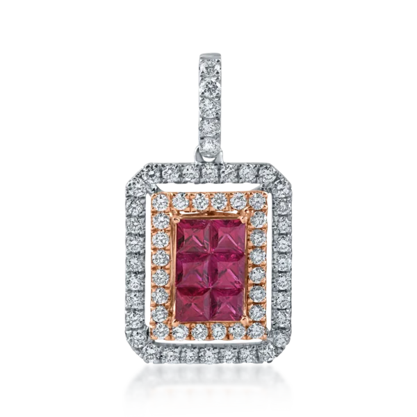 Pandantiv geometric din aur alb-roz cu rubine princess de 0.5ct si diamante de 0.5ct