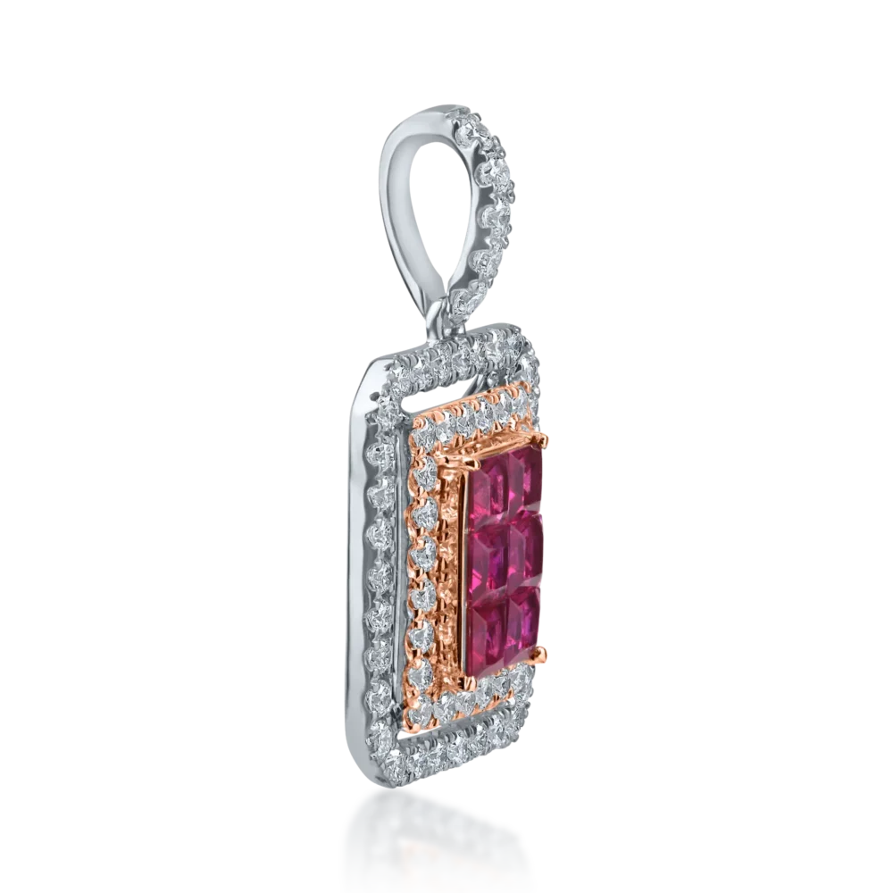 Pandantiv geometric din aur alb-roz cu rubine princess de 0.5ct si diamante de 0.5ct - imagine 2
