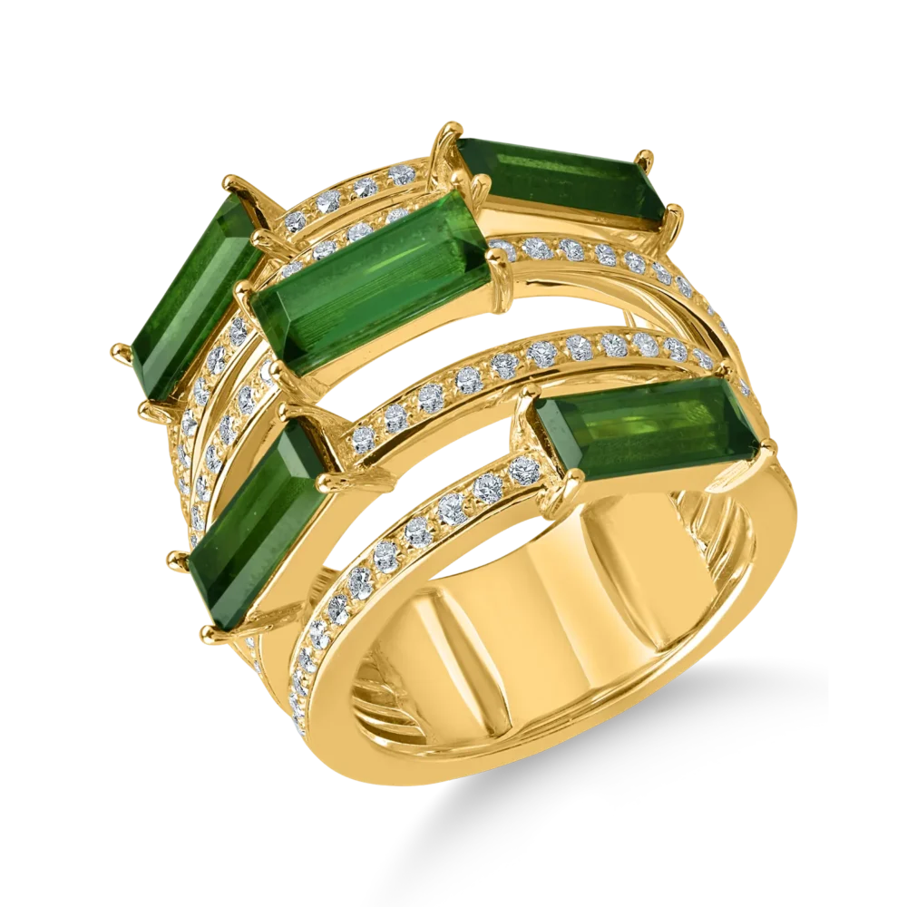 Inel geometric din aur galben cu turmaline verzi rectangulare de 5.66ct si diamante de 0.86ct
