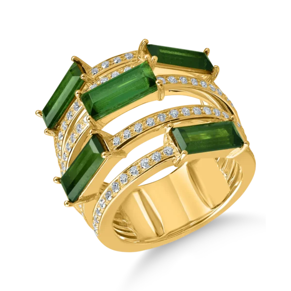 Inel geometric din aur galben cu turmaline verzi rectangulare de 5.66ct si diamante de 0.86ct