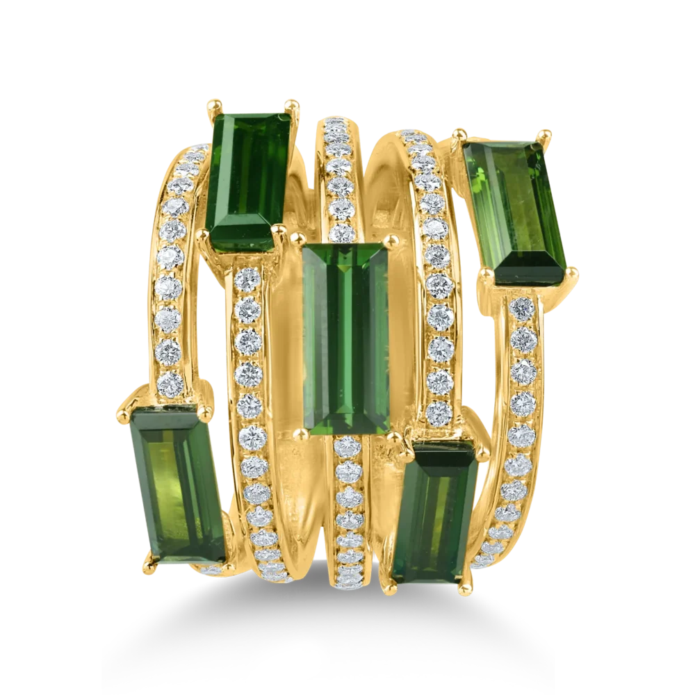 Inel geometric din aur galben cu turmaline verzi rectangulare de 5.66ct si diamante de 0.86ct - imagine 2
