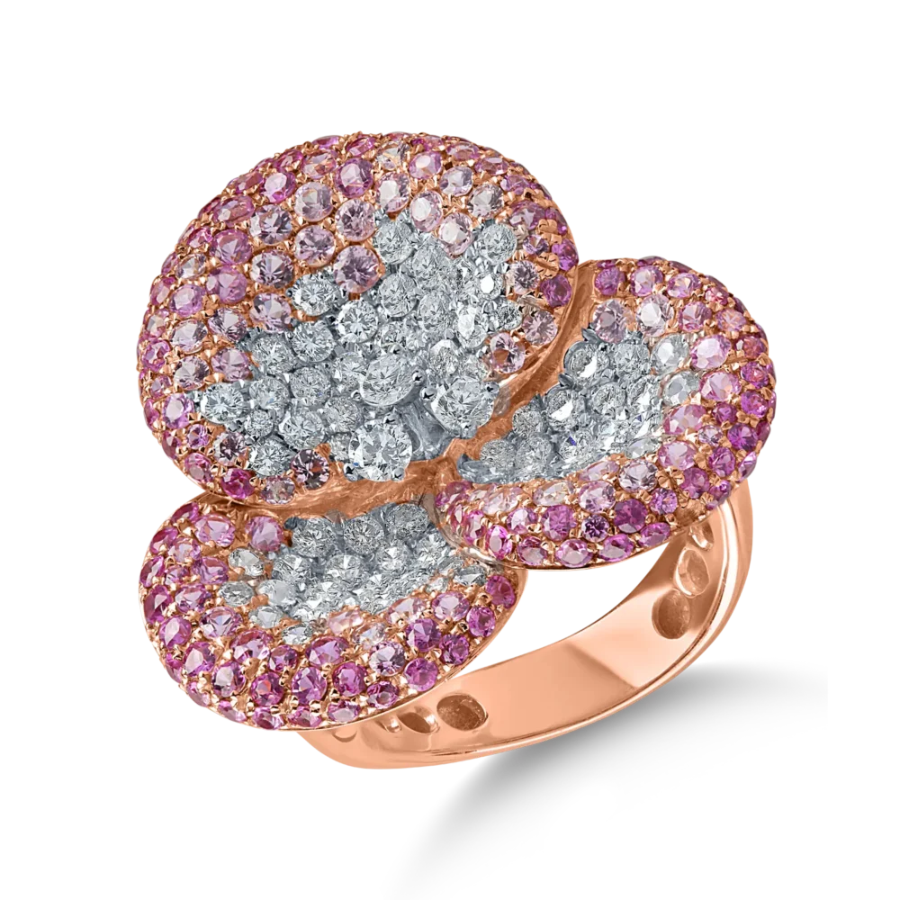 Inel floare din aur roz cu diamante si safire roz de 4.23ct