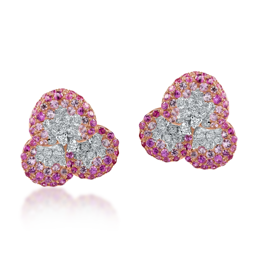Cercei floare din aur roz cu diamante si safire roz de 2.4ct - imagine 2