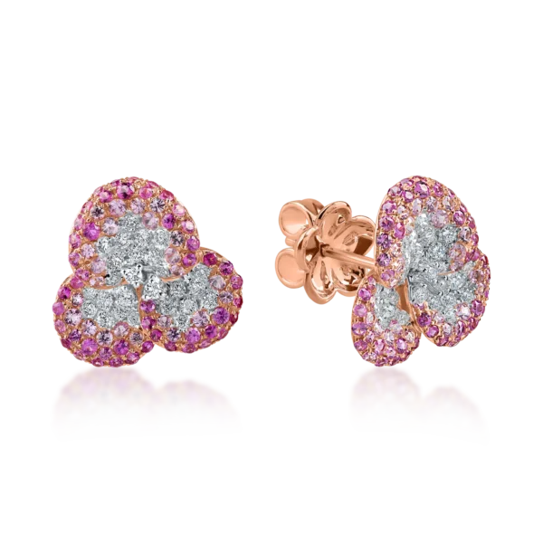 Cercei floare din aur roz cu diamante si safire roz de 2.4ct