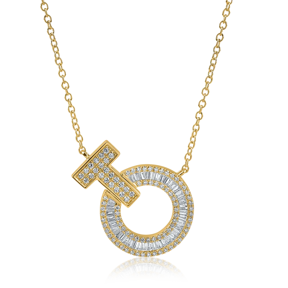 Lant cu pandantiv geometric din aur galben cu diamante baguette si rotunde de 0.6ct